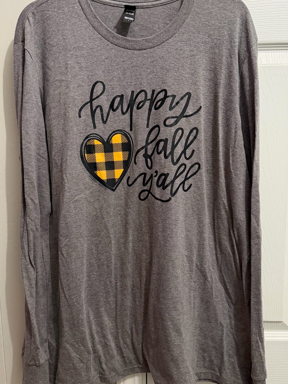 District Women's Gray Long Sleeve Tee with Yellow Plaid Heart